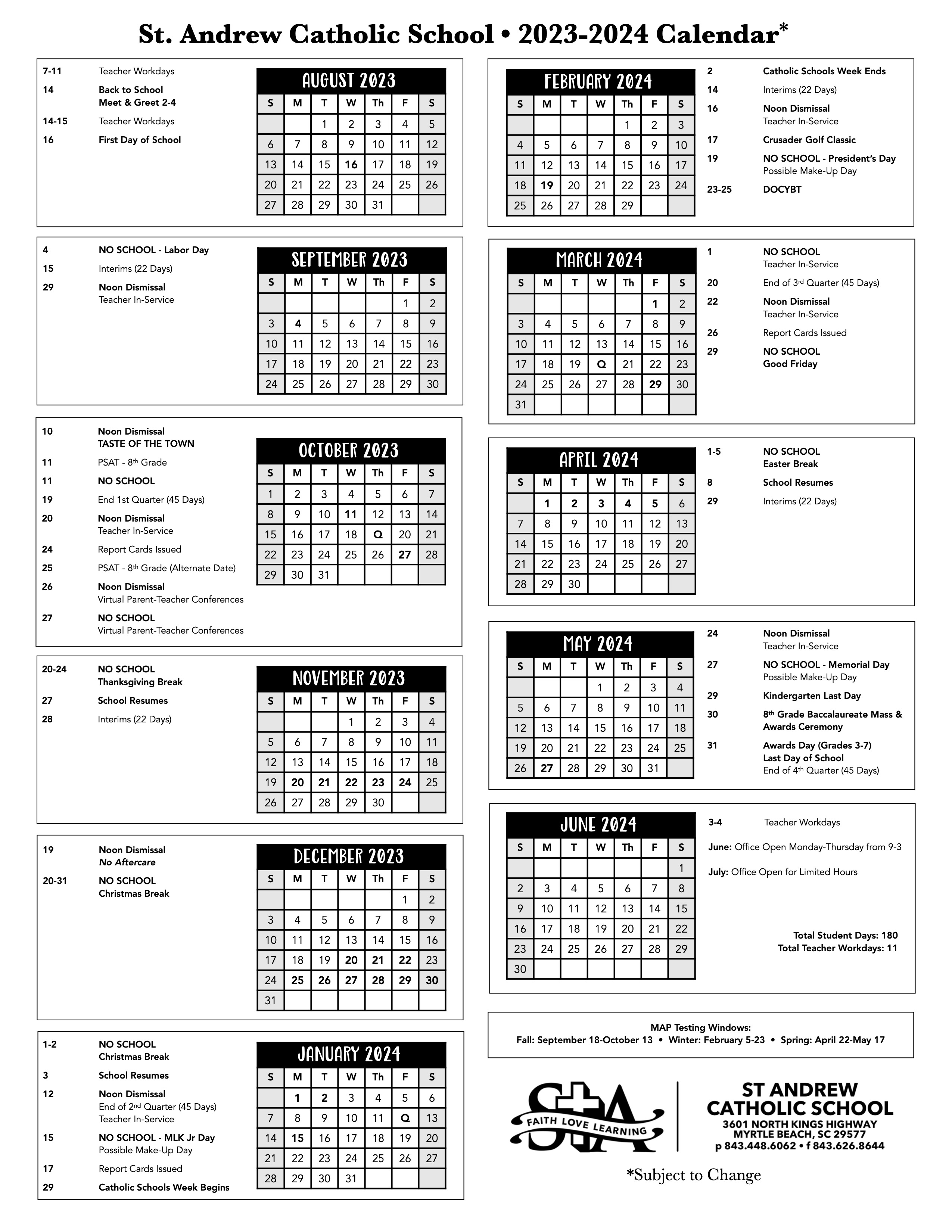 Yearly School Calendar St. Andrew Catholic School